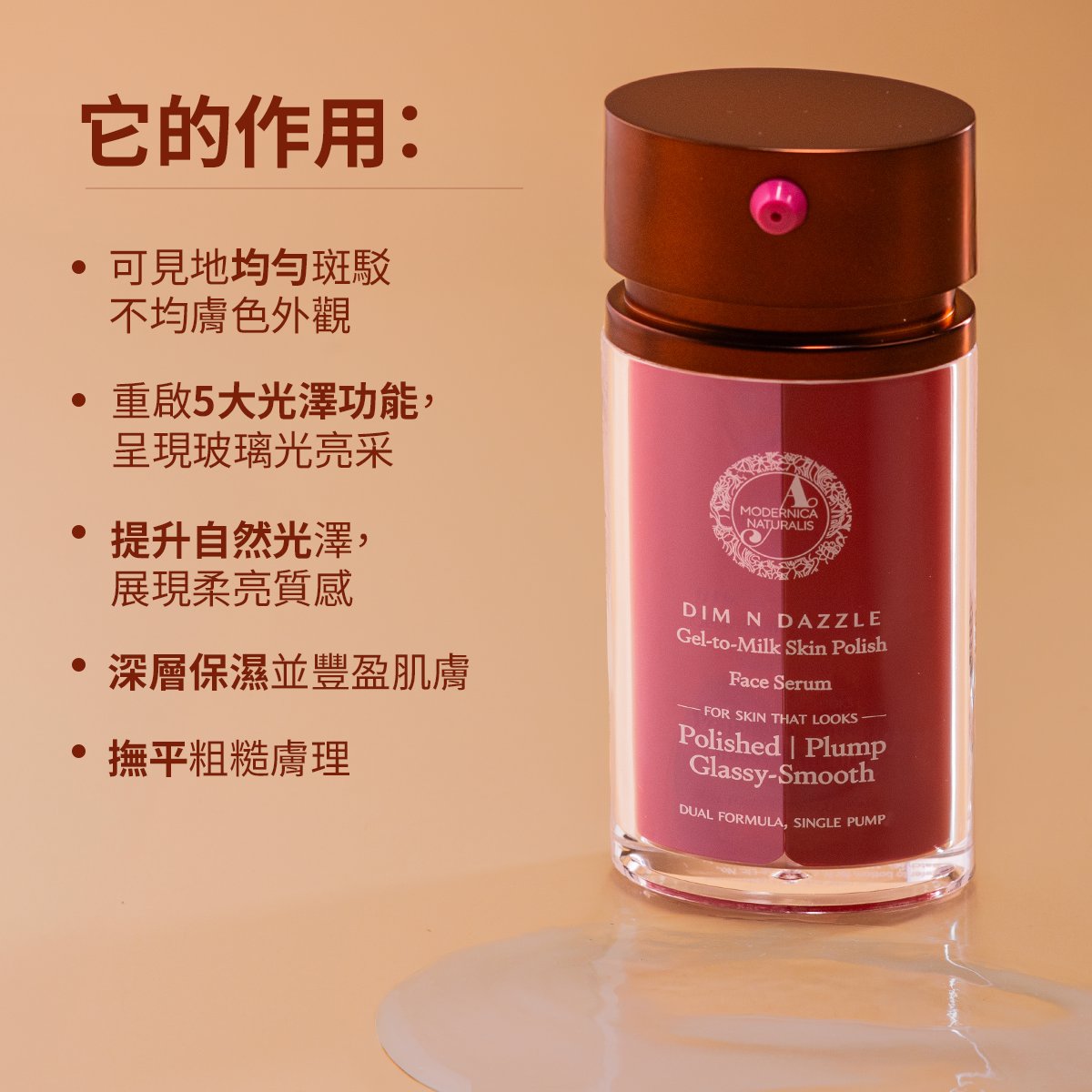 Dim N Dazzle 凝膠轉乳臉部精華液 – 均勻膚色並撫潤，締造玻璃感拋光肌 – 添加 Banafsha 與 西方野蠅子草 (Western Dock Plant) 萃取 – 最佳雙效精華，打造拋光、澎潤、玻璃般光滑肌膚。 Serum A Modernica Naturalis