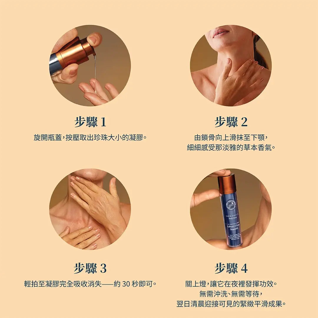Firm-Focus 頸部面膜 — 提拉、緊緻並改善頸部、下顎、下巴與上胸部鬆弛肌膚的外觀；針對性頸部緊緻配方，蘊含植物神經醯胺（Phyto-Ceramides）與睡蓮（Water Lily）。最佳頸部緊緻面膜。