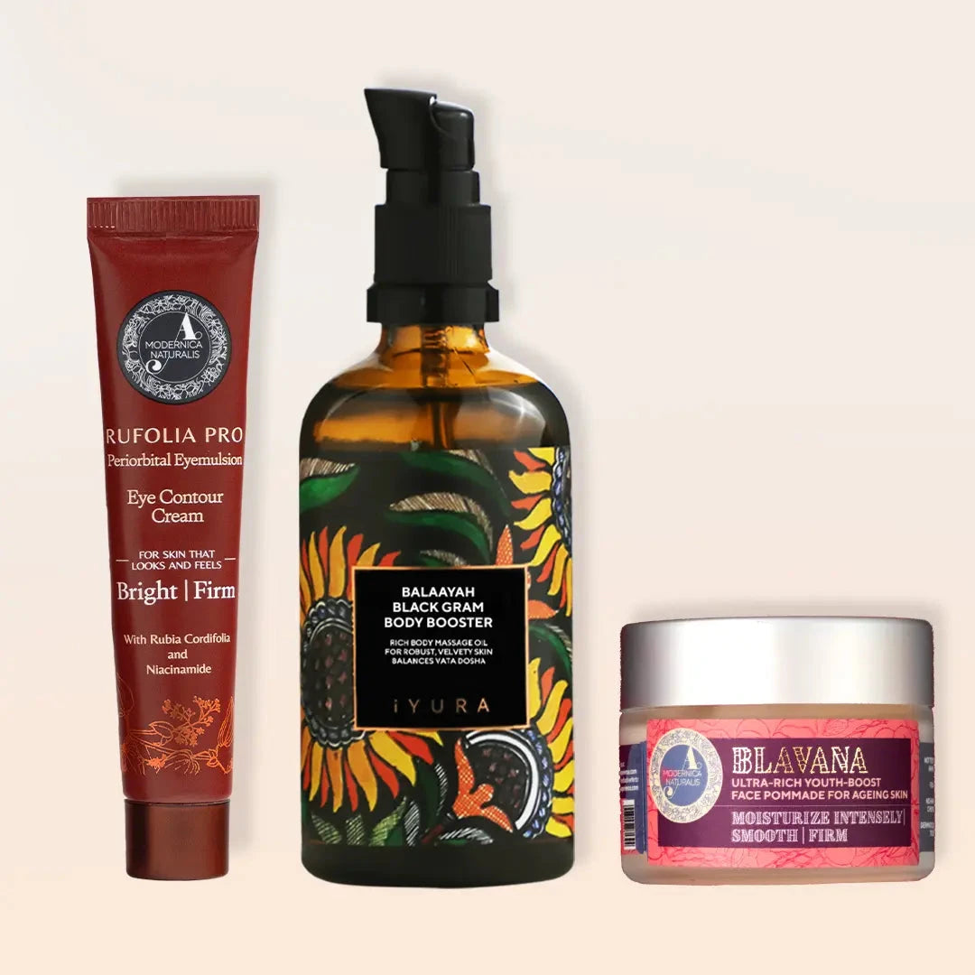 美妍必備組合 - 包含緊緻肌膚的身體油、眼周緊緻霜以及抗老化面霜，搭配 PRO Beauty set The Ayurveda Experience