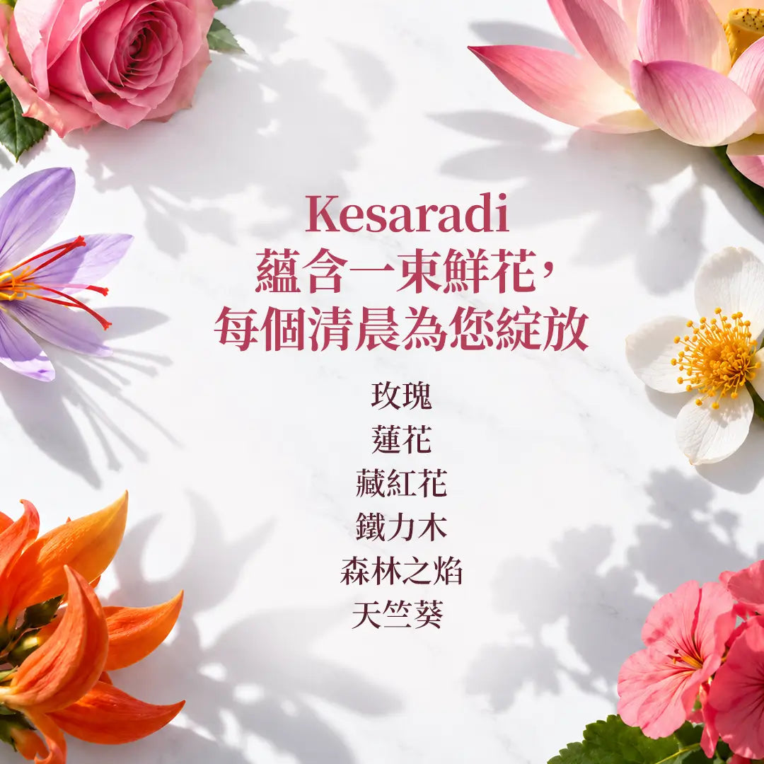 Kesaradi蘊含多種花卉成分——玫瑰、蓮花、番紅花、鐵力木花、紫鉚花、天竺葵