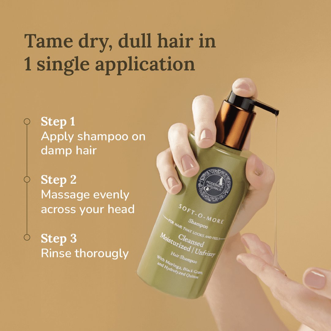 Soft-O-More 洗髮精 — 潔淨、保濕，並改善乾燥、黯淡、受損或老化髮質的外觀 - 超保濕配方蘊含 辣木 (Moringa)、積雪草 (Gotu Kola) 與 黑扁豆 (Black Gram)。適合受損、毛躁髮質的極致修護洗髮精。